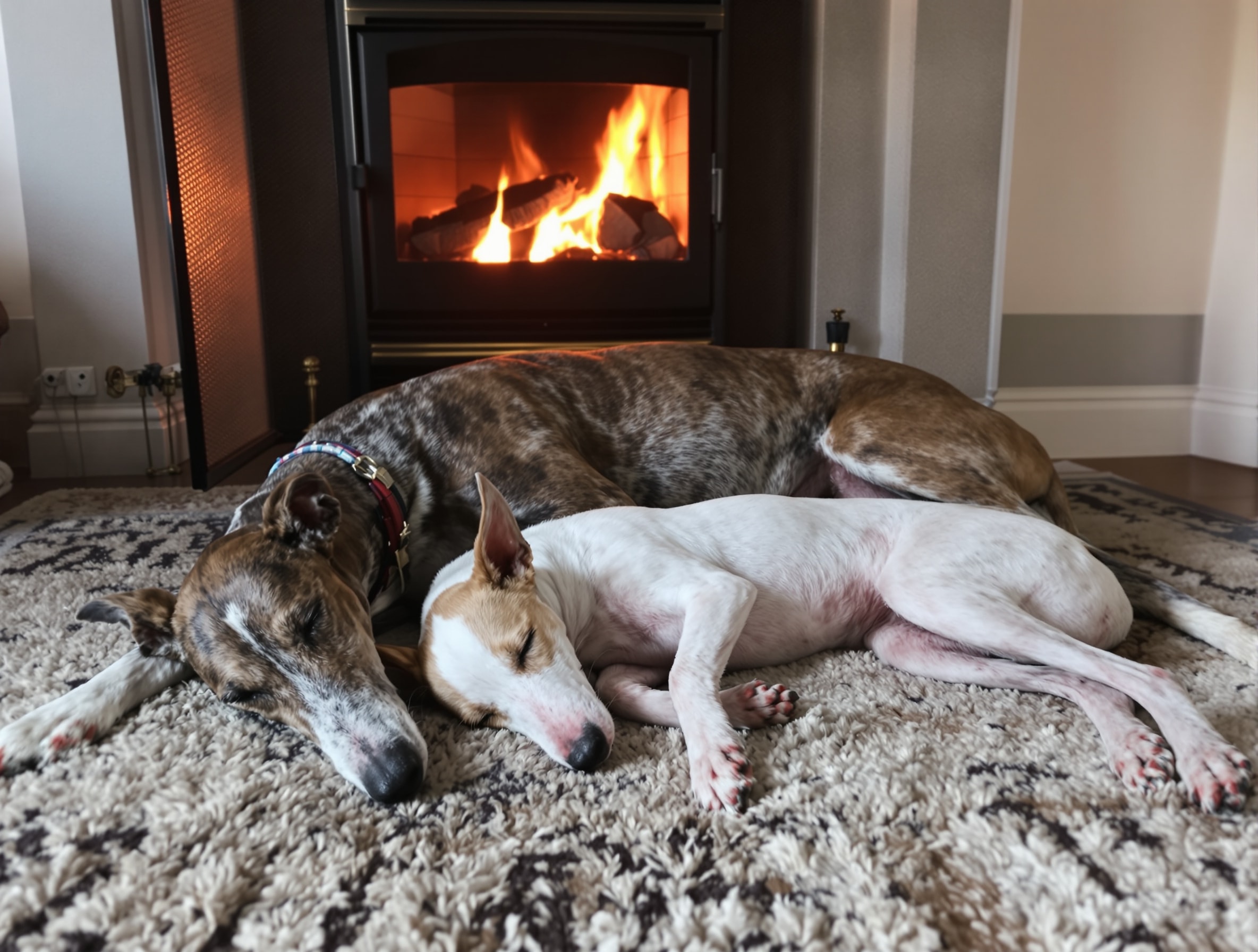 A brindle Greyhound and a smaller white and tan dog asleep side by side on a rug in front of a lit fire