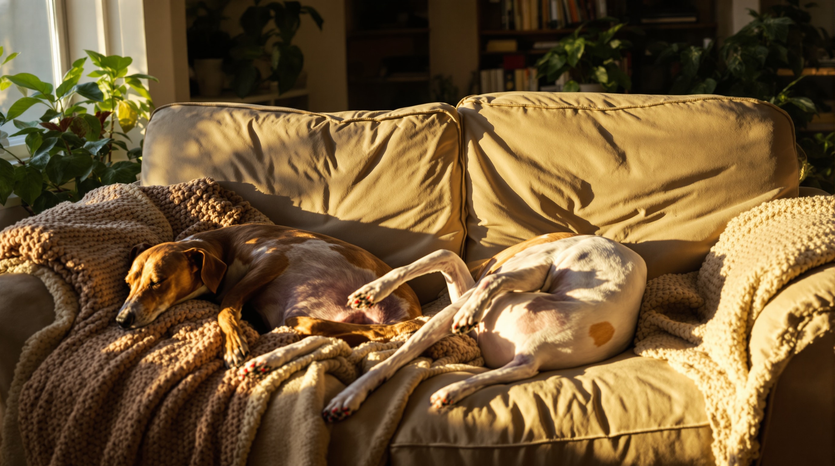 Two retired racing Greyhounds asleep together on a sofa in warm evening light